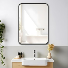 MIQU Bathroom Mirror 70 x 50 cm Wall Mirror Large Bathroom Mirror without Lighting Rectangular with Black Metal Frame Decorative Mirror for Bathroom, Living Room, Toilet, Hallway K