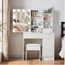 Buildonely Dressing Table with LED Lighting and Mirror for Make-Up, 3 Colour Temperatures and Adjustable Brightness, Dressing Table with 1 Stool, Modern, White, S31411217