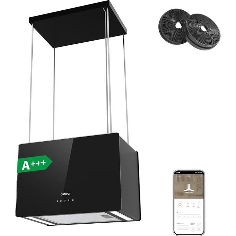 CIARRA CBCB4850 A+++ Island Hood Recirculation Cooker Hood Island Free-Hanging 48 cm 700 m³/h with Smart Wi-Fi App 4 Levels Booster Glass Island Extractor Hood CBCF003 Activated Carbon Filter Black