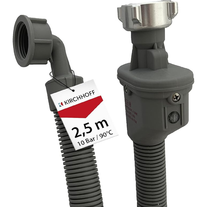 KIRCHHOFF 98657230 Washing Machine Hose 2.5 m, Inlet Hose with 3/4 Inch x 3/4 Inch Female Thread for Washing Machine or Dishwasher, Water Hose with Aquastop