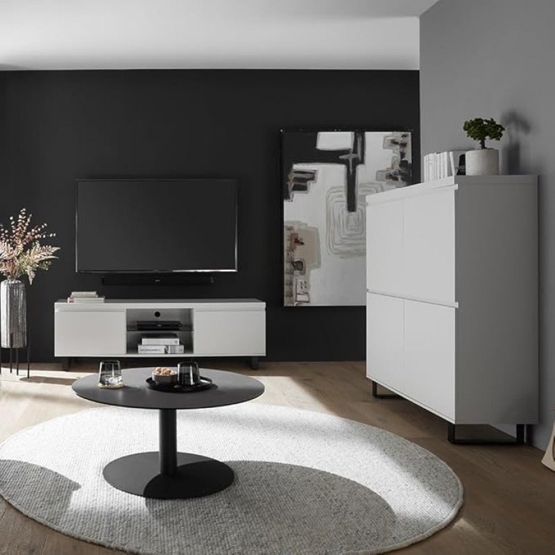 Lomadox Living Room Set in Matt White Modern Metal Runners Black with Lowboard, Highboard, 2-Piece Set