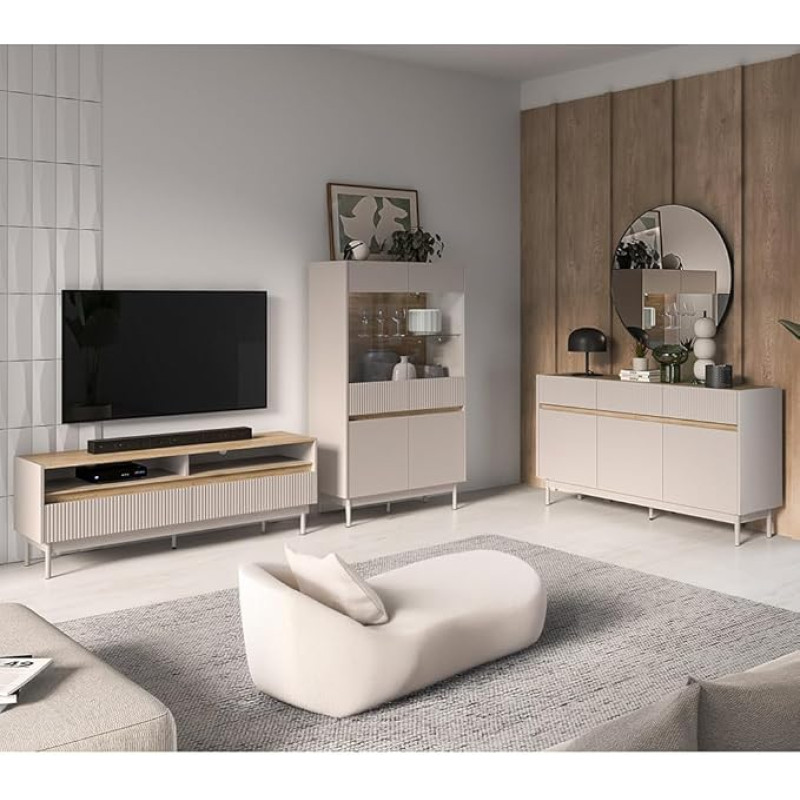 Lomadox Living Room Set in Cashmere Matt with Oak 154 cm Lowboard, Sideboard, Highboard with LED Lighting, 3-Piece Set
