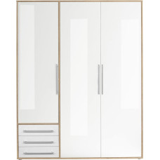Stella Trading LYSS Wardrobe White High Gloss with Drawers - Versatile Bedroom Cabinet 3 Doors in White High Gloss Sonoma Oak Replica - 155 x 194 x 58 cm (W x H x D)