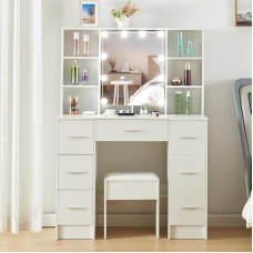 Saimeihome SW52 Dressing Table with Mirror and Stool, Dressing Table with Dimmable Lighting in 3 Light Modes, Cosmetic Table with 7 Drawers, 8 Open Compartments for Bedroom, 100 x 40 x 140 cm