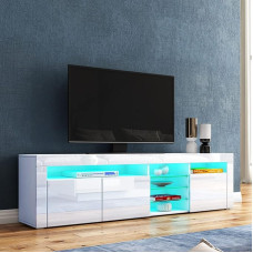 Senvoziii LED TV Cabinet Modern High Gloss with 3 Doors + Glass Shelves, TV Board for TV (180 x 35 x 53 cm) - Storage Space Furniture for Living Room, White
