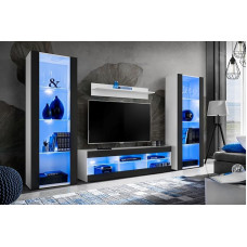 Komodee Tivoli Grande elutoa seinakomplekt must/valge, laius 250 cm x kõrgus 159 cm x sügavus 35 cm, LED sinine, elutuppa, magamistuppa