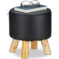 Relaxdays 10025736_46 Faux Leather Padded Stool with 4 Wooden Legs Flat Footstool Round Decorative Stool Height 30 x Depth 30 cm Black