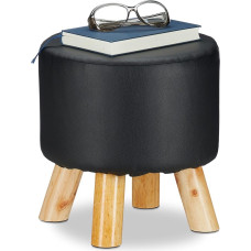 Relaxdays 10025736_46 Faux Leather Padded Stool with 4 Wooden Legs Flat Footstool Round Decorative Stool Height 30 x Depth 30 cm Black