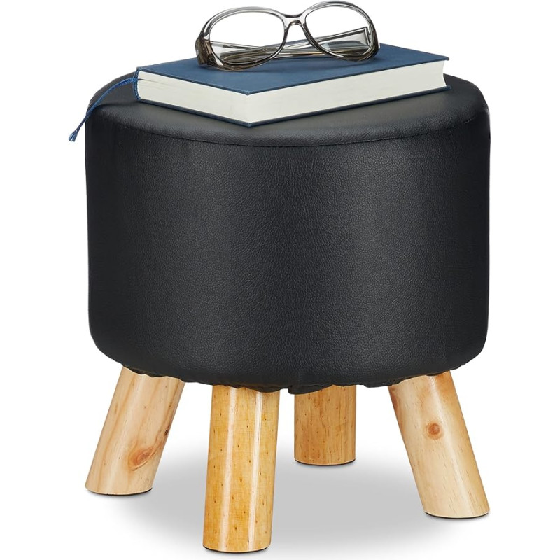 Relaxdays 10025736_46 Faux Leather Padded Stool with 4 Wooden Legs Flat Footstool Round Decorative Stool Height 30 x Depth 30 cm Black