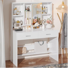 JUMMICO Dressing Table with LED Lighting, Dressing Table with Mirror and Jewellery Hook, 3 Colours Adjustable Brightness, Cosmetic Table with 2 Drawers and 4 Open Shelves for Bedroom, White