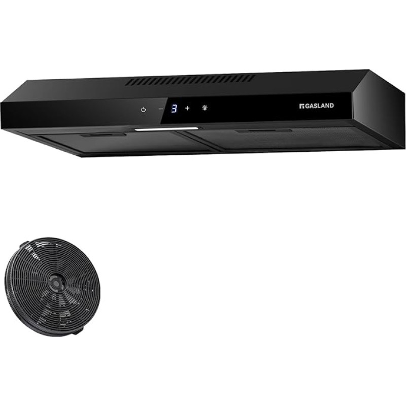 GASLAND Chef SR60BS Cooker Hood 60 cm Recirculation, Quiet Cooker Hoods Exhaust Air 202 m³/h, 3 Levels Touch Control Base Hood Extractor Hood Black Steel Glass Screens with CF158 Activated Carbon