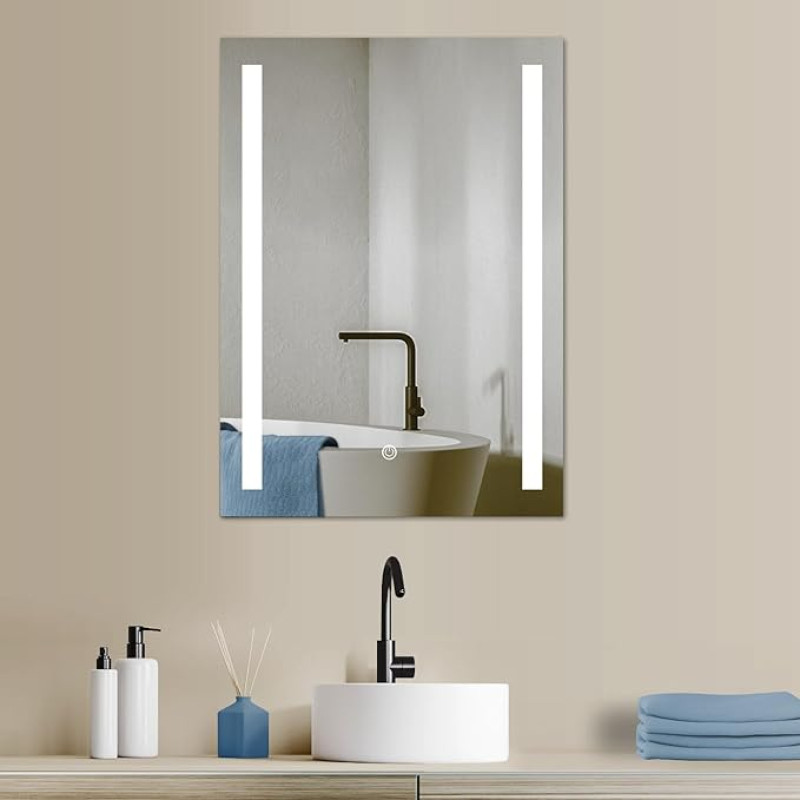 Hoko Lindau LED Bathroom Mirror, 50 x 70 cm, Designer LED Bathroom Mirror, Designer Illuminated Bathroom Mirror, with Touch Switch, LED Light Change: Warm White/Cool White/Neutral