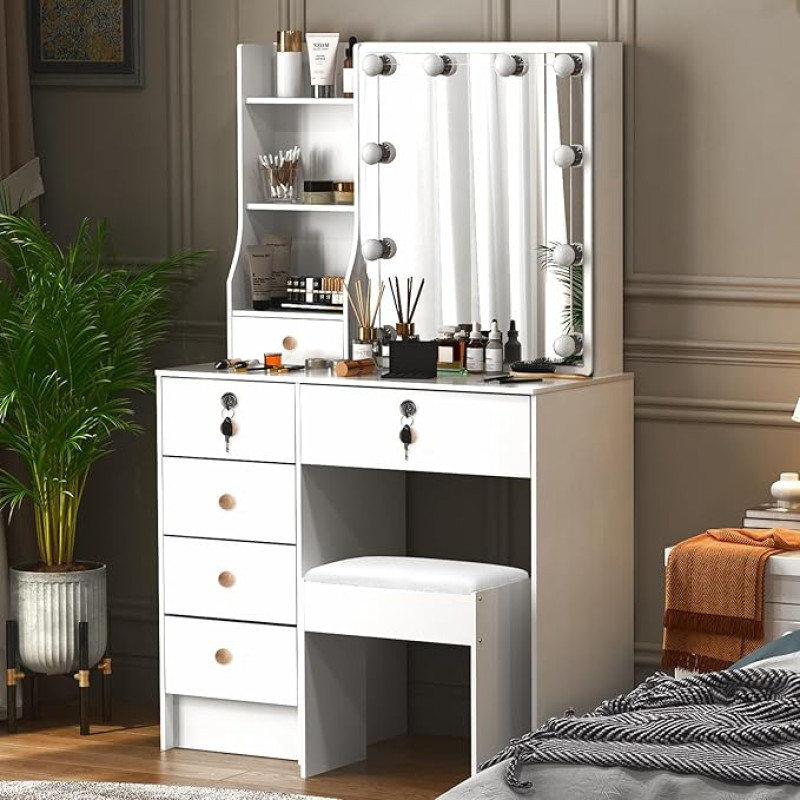 Puselo PE5A Dressing Table with Lighting and Sliding Mirror, Dressing Table with Light and Stool, Cosmetic Table with 6 Drawers and 6 Shelves for Bedroom, Children's Room, 80 x 36 x 131 cm