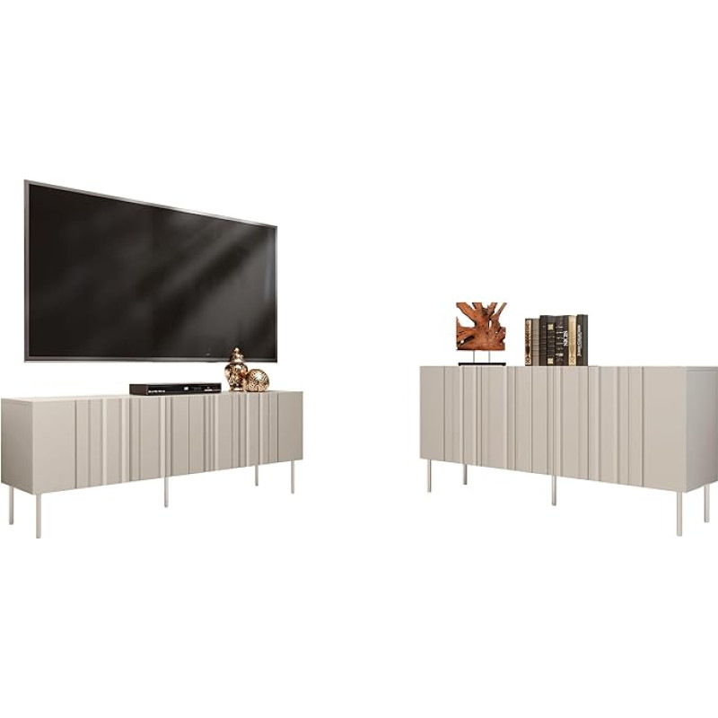 Mirjan24 Intori I Living Room Wall Unit, Elegant Living Room Set, Milled Fronts, Metal Feet, Push to Open, TV Lowboard, Chest of Drawers (Beige)