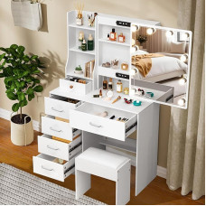 Teousev J307 Dressing Table with Lighting and Mirror, Adjustable Brightness, Dressing Table with Stool, Cosmetic Table with 6 Drawers and 6 Shelves, 80 x 36 x 131 cm, White