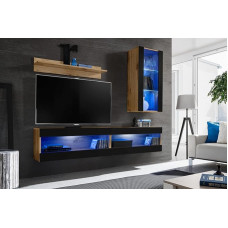 Komodee, Tivoli SET5 Furniture Set, Wotan/Black, Width 200 cm x Height 195 cm x Depth 35 cm, LED Blue, for Living Room, Bedroom