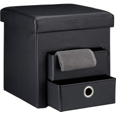 Relaxdays Folding Storage Ottoman with 2 Pull-Out Compartments Drawers, Footstool Total Size: 38 x 38 x 38 cm Faux Leather Seat Pouffe with Foldable Storage Space with Removable Box Stool, Black