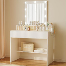 JUMMICO Dressing Table with LED Lighting and Mirror, Adjustable Brightness and Colour Temperature, Cosmetic Table with 9 LED Bulbs, White