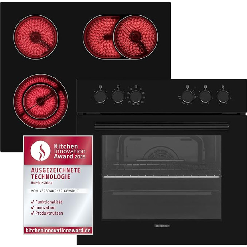 Telefunken ECHS65A-B2 Built-in Cooker Set, Electric Hob Combination, Oven with Grill and Convection, Frameless Glass Ceramic Hob with 4 Zones, Hot Air Shield, 65 Litres, 60 cm, Stainless Steel