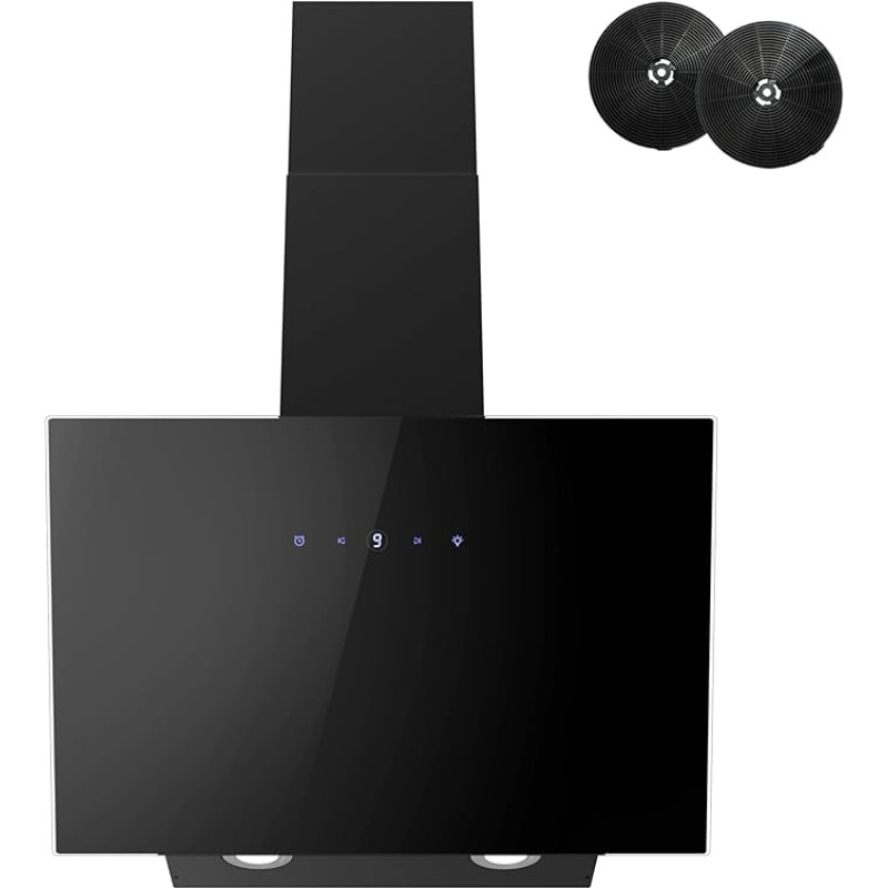 Cooker Hood 60 cm, FIREGAS Headroom Cooker Hood with 578 m³/h Strong Suction Power, 9 Settings, Touch Control, Recirculation and Exhaust Mode, 58 dB, Black, Efficiency A++