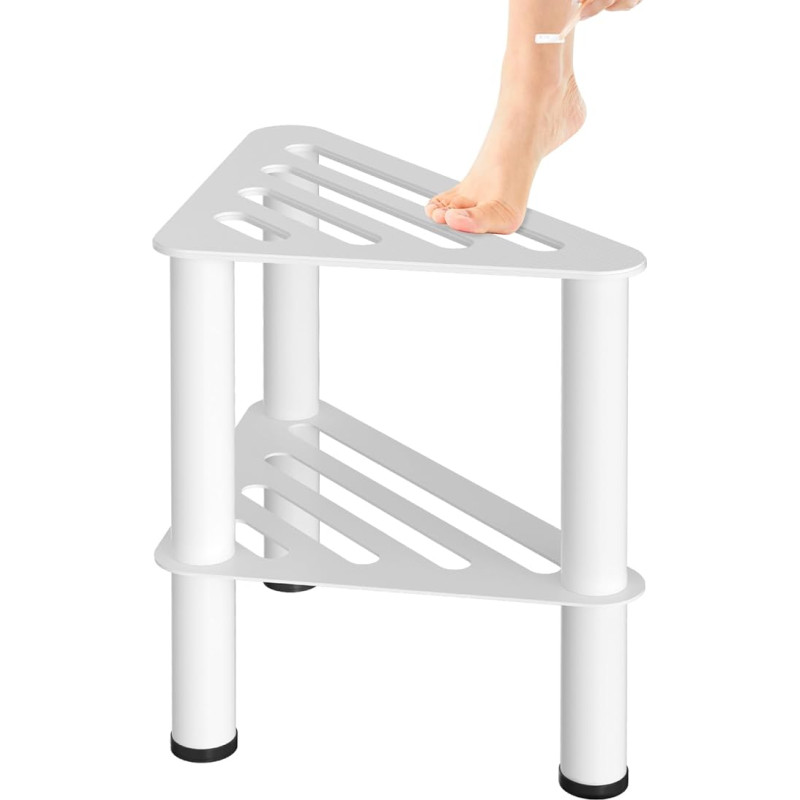 WINSTECK Rustproof Corner Shower Foot Stool, Shower Footrest Bench with Storage Compartment for Indoor Shower, 36 cm Height, 350 kg Load Capacity, Adjustable Step Stool, Waterproof Non-Slip Bathroom