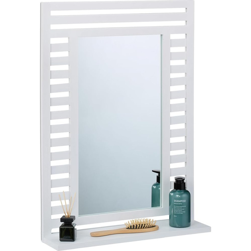 Relaxdays Bathroom Wall Mirror with Shelf, Walnut Wooden Frame, Bathroom Mirror, 70 x 50 x 12 cm, White