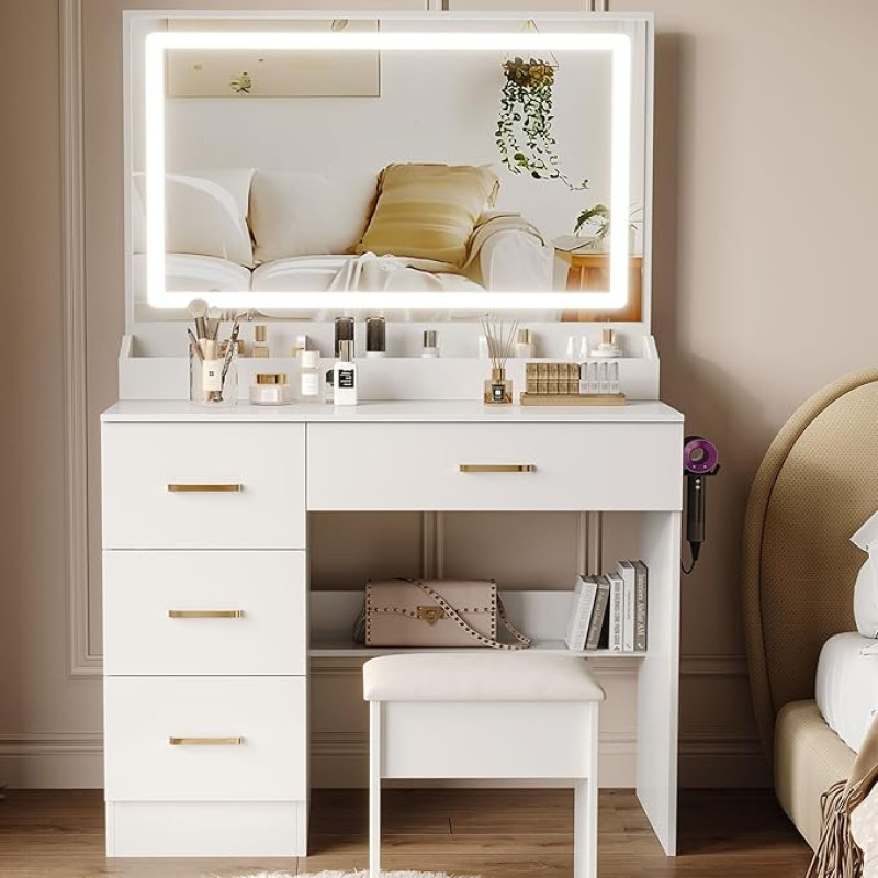 BEHOMHAZQ Dressing Table with Mirror and Stool: Dressing Table with Mirror and Drawers, Modern White Wooden Makeup Desk for Bedroom with 3 Color LED Lights, Brightness