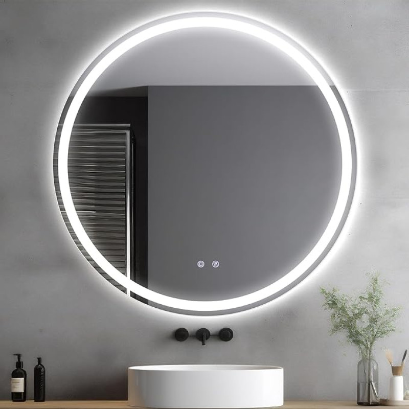 Clevich Round Bathroom Mirror with Lighting, Round Mirror with Lighting, Bathroom Wall Mirror, 3 Light Colours, Dimmable, Bathroom Mirror with Touch Switch and Anti-Fogging, 3000K-6500K (60 cm)