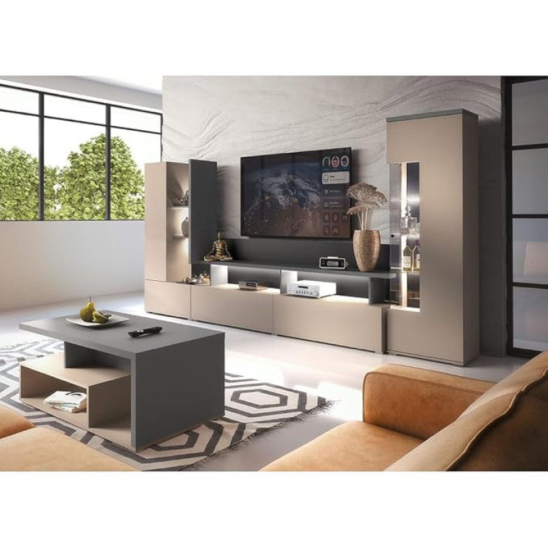 Lomadox Living Room Set 3-Piece in Beige with Anthracite with Lighting Display Cabinet Living Room Coffee Table Modern