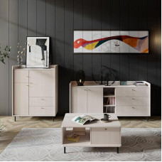 Lomadox Living Room Set in Sand Beige Fine Structure with Sideboard Coffee Table Highboard Gold-Coloured Handles Modern