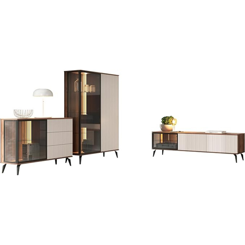 Mirjan24 Optar I Living Room Set, Wall Panel, Living Room Cabinet, LED Lighting in Set, Metal Feet, Cupboard Wall, in Set: Chest of Drawers, TV Cabinet, Chest of Drawers, Display Cabinet (Bella