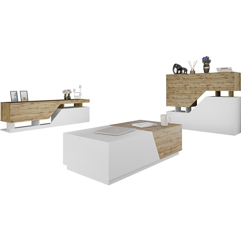 Nesezi I elutoa komplekt, elutoa kabinet, pikendussein, kabinetisein, komplektis: TV Lowboard 2 klapiga, pikendatav kohvilaud koos konteineriga, kapp, käepidemevaba avanemine (Wotan