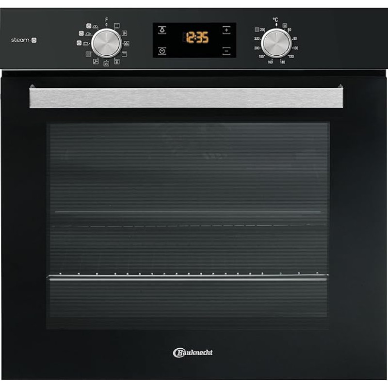 Bauknecht BAK5S KP8V2 BLG Built-in Oven with Pyrolysis and Steam Function, 71 Litres, Hot Air Oven with 11 Functions, Gentle Steam, Power Hot Air, Multi-Level Cooking, Black, Black Glass