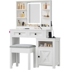 YITAHOME Dressing Table with Mirror and Lights, Dressing Table with Adjustable LED Lighting and Sockets, Dressing Table with Stool and Side Dresser, for Bedroom, White