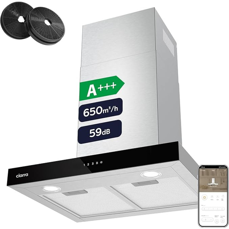 Ciarra Cooker Hood 60 cm 550 m³/h Touch Control Chimney Stainless Steel Kitchen Cooker Hood [Energy Class C], 60 cm, Silver