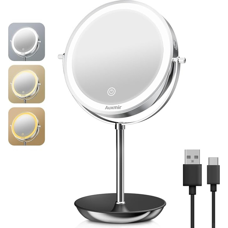 Auxmir Wiederaufladbar Kosmetikspiegel mit LED Beleuchtung und 1X/20X Vergrößerung, 8