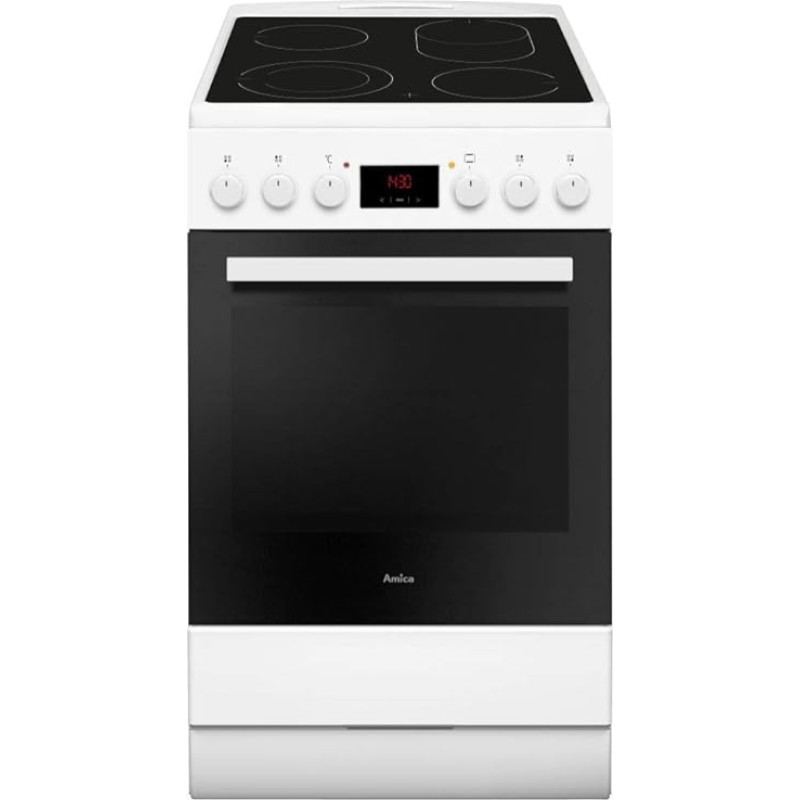 Amica SHC 903 001 W White 50 cm Standing Cooker Telescopic Drawers (1 x 75%) Timer Hot Air Glass Ceramic Hob with Dual Circuit Zone + Roasting Tray Zone