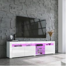 BESTWANTED TV Stand with LED Lights, Modern High Gloss TV Cabinet TV Unit 180cm with 3 Doors and Open Glass Shelves for Bedroom, Living Room, Home Furniture (White)