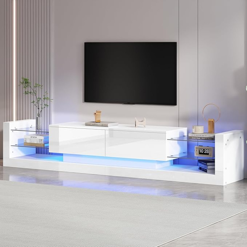 Aurofurz High Gloss TV Cabinet with LED Colour Changing Lighting, 181 cm - TV Cabinet for TVs up to 80 Inches, Glass Front, TV Stand, Two Folding Drawers for Living Room and Bedroom
