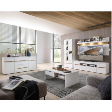 Living Room Set 5-Piece White Super Matt with Oak with Sideboard, Display Cabinet, Wall Panel, Lowboard, Coffee Table and LED Lighting