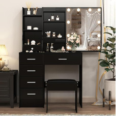 Puselo Dressing Table with Lighting and Mirror, Dressing Table with Adjustable Brightness, Black Cosmetic Table with Stool, 6 Drawers, 6 Compartments, 80 x 130 x 36 cm, PE29