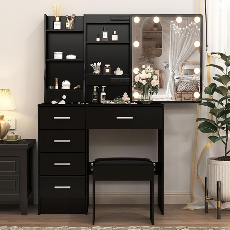 Puselo Dressing Table with Lighting and Mirror, Dressing Table with Adjustable Brightness, Black Cosmetic Table with Stool, 6 Drawers, 6 Compartments, 80 x 130 x 36 cm, PE29